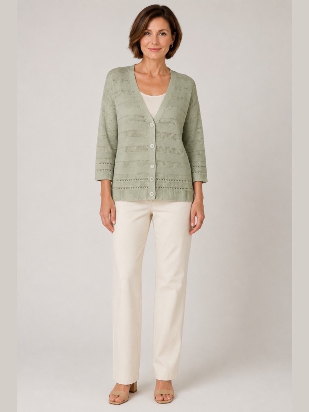OLSEN Cotton Linen Blend Crochet Knit 3/4 Sleeve Sage Green Cardigan Sz XL / 16